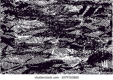 Distressed background in black and white texture with  dark spots, scratches and lines. Abstract vector illustration