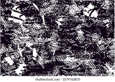 Distressed background in black and white texture with  dark spots, scratches and lines. Abstract vector illustration
