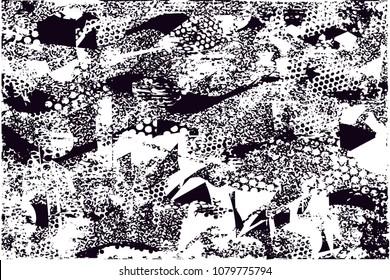 Distressed background in black and white texture with  dark spots, scratches and lines. Abstract vector illustration