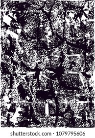 Distressed background in black and white texture with  dark spots, scratches and lines. Abstract vector illustration