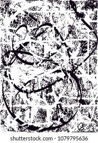 Distressed background in black and white texture with  dark spots, scratches and lines. Abstract vector illustration