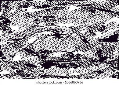 Distressed background in black and white texture with  dark spots, scratches and lines. Abstract vector illustration