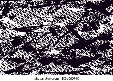 Distressed background in black and white texture with  dark spots, scratches and lines. Abstract vector illustration