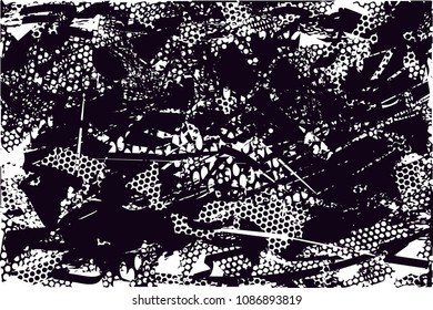 Distressed background in black and white texture with  dark spots, scratches and lines. Abstract vector illustration