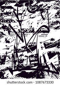 Distressed background in black and white texture with  dark spots, scratches and lines. Abstract vector illustration