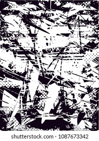 Distressed background in black and white texture with  dark spots, scratches and lines. Abstract vector illustration