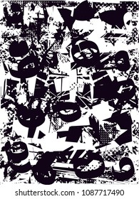 Distressed background in black and white texture with  dark spots, scratches and lines. Abstract vector illustration