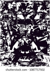 Distressed background in black and white texture with  dark spots, scratches and lines. Abstract vector illustration