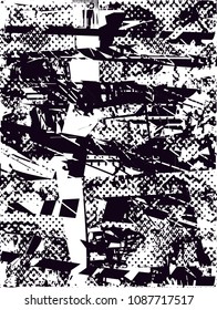 Distressed background in black and white texture with  dark spots, scratches and lines. Abstract vector illustration