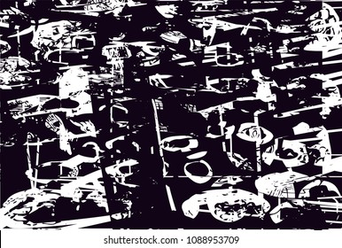 Distressed background in black and white texture with  dark spots, scratches and lines. Abstract vector illustration