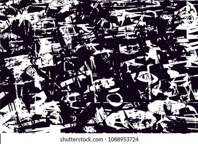 Distressed background in black and white texture with  dark spots, scratches and lines. Abstract vector illustration
