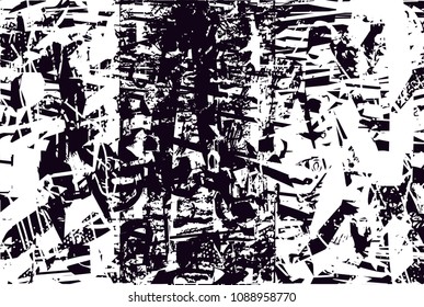 Distressed background in black and white texture with  dark spots, scratches and lines. Abstract vector illustration