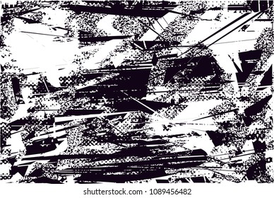 Distressed background in black and white texture with  dark spots, scratches and lines. Abstract vector illustration