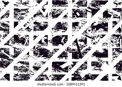 Distressed background in black and white texture with  dark spots, scratches and lines. Abstract vector illustration