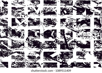 Distressed background in black and white texture with  dark spots, scratches and lines. Abstract vector illustration