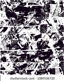 Distressed background in black and white texture with  dark spots, scratches and lines. Abstract vector illustration