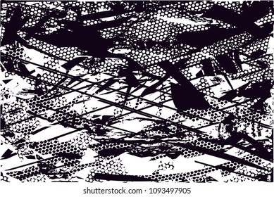 Distressed background in black and white texture with  dark spots, scratches and lines. Abstract vector illustration