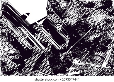 Distressed background in black and white texture with  dark spots, scratches and lines. Abstract vector illustration