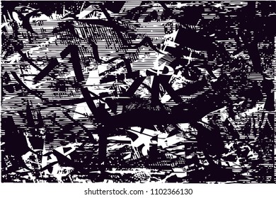 Distressed background in black and white texture with  dark spots, scratches and lines. Abstract vector illustration
