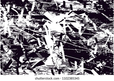 Distressed background in black and white texture with  dark spots, scratches and lines. Abstract vector illustration
