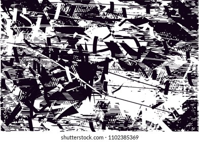 Distressed background in black and white texture with  dark spots, scratches and lines. Abstract vector illustration
