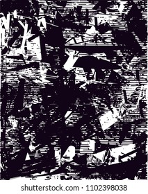 Distressed background in black and white texture with  dark spots, scratches and lines. Abstract vector illustration
