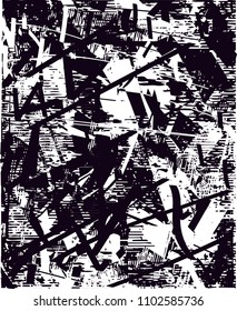 Distressed background in black and white texture with  dark spots, scratches and lines. Abstract vector illustration