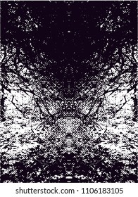 Distressed background in black and white texture with  dark spots, scratches, branches and lines. Abstract vector illustration