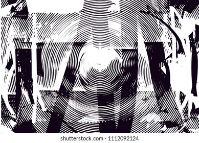 Distressed background in black and white texture with  circular shapes,dark spots, scratches and lines. Abstract vector illustration