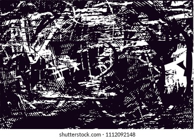 Distressed background in black and white texture with  circular shapes,dark spots, scratches and lines. Abstract vector illustration