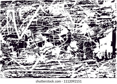 Distressed background in black and white texture with  circular shapes,dark spots, scratches and lines. Abstract vector illustration