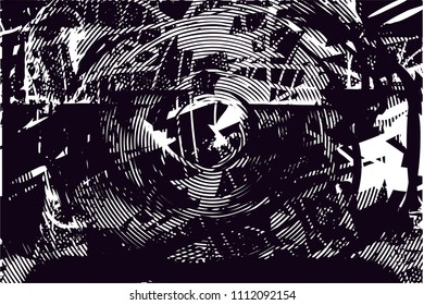 Distressed background in black and white texture with  circular shapes,dark spots, scratches and lines. Abstract vector illustration