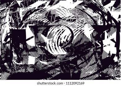Distressed background in black and white texture with  circular shapes,dark spots, scratches and lines. Abstract vector illustration