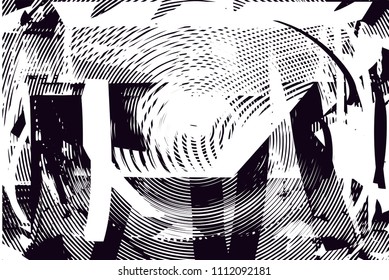 Distressed background in black and white texture with  circular shapes,dark spots, scratches and lines. Abstract vector illustration