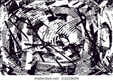Distressed background in black and white texture with  dark spots, scratches and lines. Abstract vector illustration
