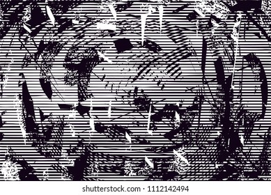 Distressed background in black and white texture with  dark spots, scratches and lines. Abstract vector illustration