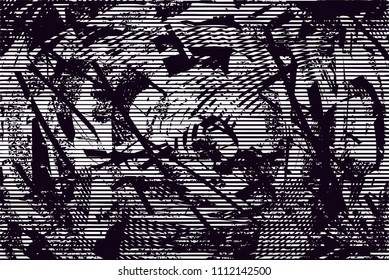 Distressed background in black and white texture with  dark spots, scratches and lines. Abstract vector illustration