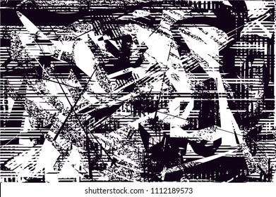 Distressed background in black and white texture with  dark spots, scratches and lines. Abstract vector illustration