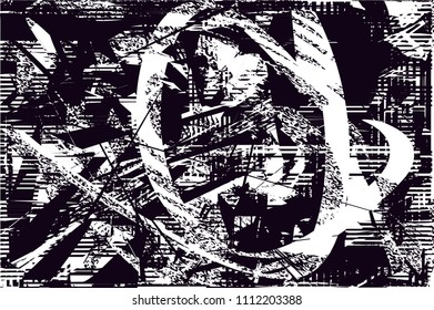 Distressed background in black and white texture with  dark spots, scratches and lines. Abstract vector illustration
