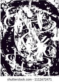 Distressed background in black and white texture with  dark spots, scratches and lines. Abstract vector illustration