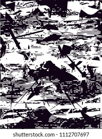 Distressed background in black and white texture with  dark spots, scratches and lines. Abstract vector illustration