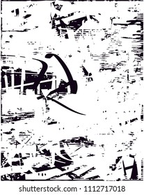 Distressed background in black and white texture with  dark spots, scratches and lines. Abstract vector illustration