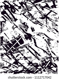 Distressed background in black and white texture with  dark spots, scratches and lines. Abstract vector illustration