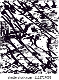 Distressed background in black and white texture with  dark spots, scratches and lines. Abstract vector illustration