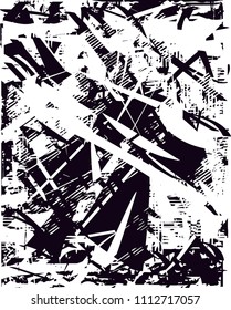 Distressed background in black and white texture with  dark spots, scratches and lines. Abstract vector illustration