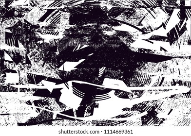 Distressed background in black and white texture with  dark spots, scratches and lines. Abstract vector illustration