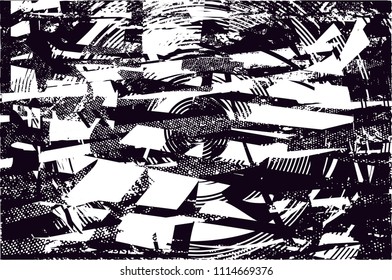 Distressed background in black and white texture with  dark spots, scratches and lines. Abstract vector illustration