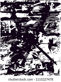 Distressed background in black and white texture with  dark spots, scratches and lines. Abstract vector illustration