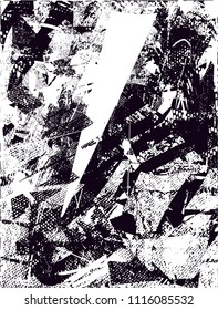 Distressed background in black and white texture with  dark spots, scratches and lines. Abstract vector illustration