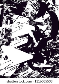 Distressed background in black and white texture with  dark spots, scratches and lines. Abstract vector illustration
